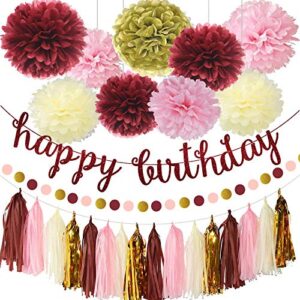 Burgundy Pink Birthday Decorations for Women Grils, Pink Birthday Decoration Set with Birthday Banner, Paper Pom Poms, Circle Dot Garland and Tassel Garland for Women Grils kids Birthday Party Decor