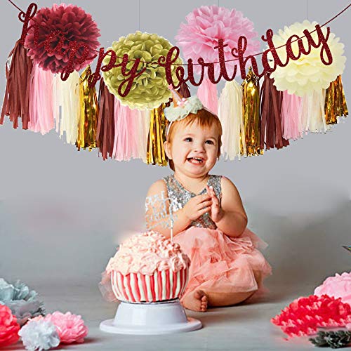 Burgundy Pink Birthday Decorations for Women Grils, Pink Birthday Decoration Set with Birthday Banner, Paper Pom Poms, Circle Dot Garland and Tassel Garland for Women Grils kids Birthday Party Decor