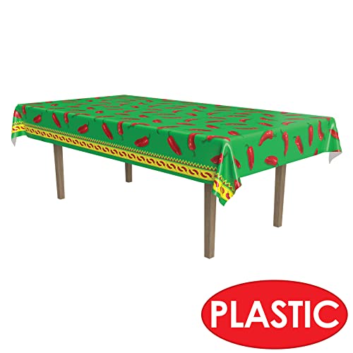 Beistle Plastic Chili Pepper Tablecover For Rectangle Tables, Cinco De Mayo Table Cloth Fiesta Party Supplies, Green/Red/Yellow