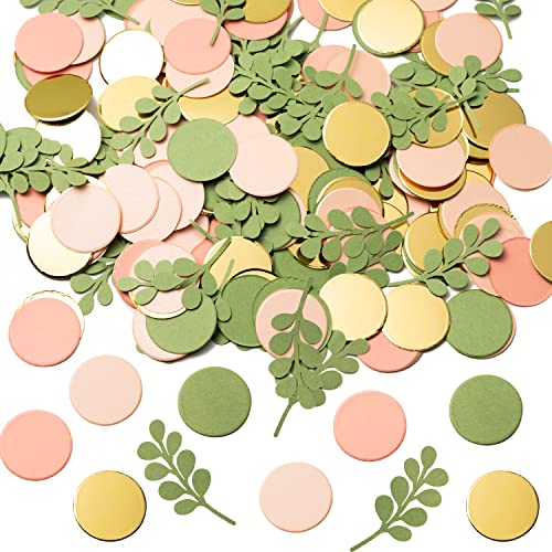 BeYumi 300Pcs Sage Olive Green Peach Blush Round Scatter Confetti Dots Greenery Confetti Decorations with Eucalyptus Table Decoration for Sage Wedding Bridal Baby Shower Greenery Theme Party Gender Reveal