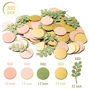 BeYumi 300Pcs Sage Olive Green Peach Blush Round Scatter Confetti Dots Greenery Confetti Decorations with Eucalyptus Table Decoration for Sage Wedding Bridal Baby Shower Greenery Theme Party Gender Reveal