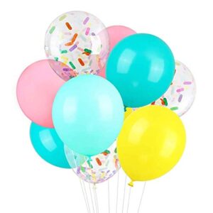 60 pack ice cream party balloons + sprinkle confetti balloons w/ ribbon | 14 inch donut, latex, rainbow balloons for parties, wedding, bridal + baby shower decorations (colorful)