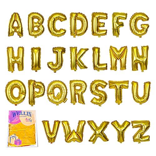 Wellin 16" Gold Foil Mylar Letter Balloons A-Z 26pcs Mega Pack, Aluminum Hanging Foil Film Alphabet Letter (A-Z (Pack of 26), gold)