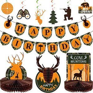 16 pieces hunting birthday party decorations kit hunting birthday banner gone hunting honeycomb table decor colorful swirls hanging cards green tree oh deer bear cards for hunter themed party