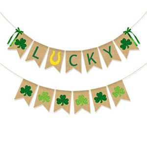 cavla lucky burlap banner and glitter shamrock banner st. patrick’s day green shamrock lucky banner garland with bows saint patrick’s day party decorations for irish lucky day st. patty’s day decor