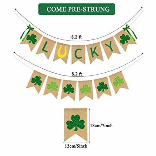 CAVLA Lucky Burlap Banner and Glitter Shamrock Banner St. Patrick's Day Green Shamrock Lucky Banner Garland with Bows Saint Patrick's Day Party Decorations for Irish Lucky Day St. Patty's Day Decor