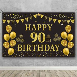 trgowaul 90th birthday backdrop gold and black 5.9 x 3.6 fts happy birthday party decorations banner for women men photography supplies background happy birthday decoration