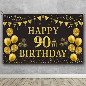 Trgowaul 90th Birthday Backdrop Gold and Black 5.9 X 3.6 Fts Happy Birthday Party Decorations Banner for Women Men Photography Supplies Background Happy Birthday Decoration