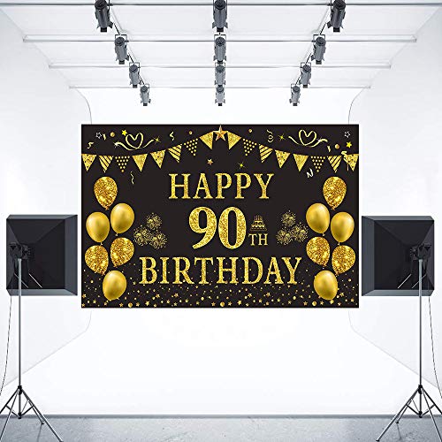 Trgowaul 90th Birthday Backdrop Gold and Black 5.9 X 3.6 Fts Happy Birthday Party Decorations Banner for Women Men Photography Supplies Background Happy Birthday Decoration