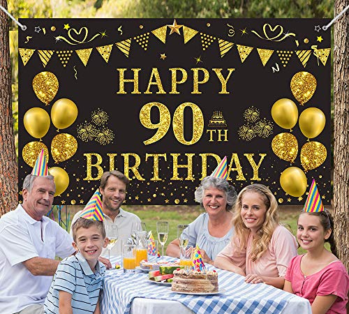 Trgowaul 90th Birthday Backdrop Gold and Black 5.9 X 3.6 Fts Happy Birthday Party Decorations Banner for Women Men Photography Supplies Background Happy Birthday Decoration
