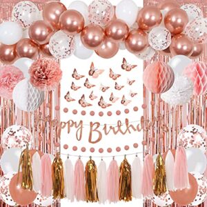 upgraded rose gold pink birthday party decorations with happy birthday banner,curtains, butterfly wall,circle dots garland,tissue pompoms,paper tassels garland for women birthday party decorations