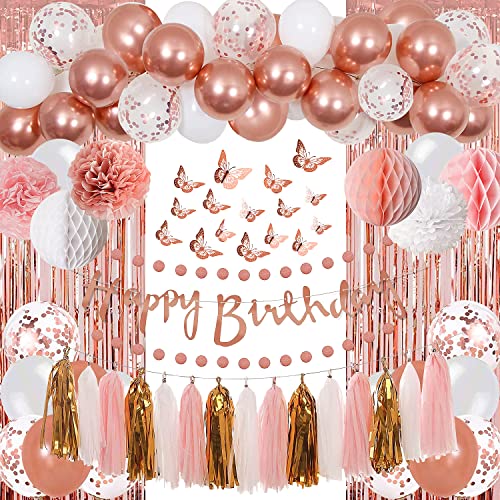 Upgraded Rose Gold Pink Birthday Party Decorations with Happy Birthday Banner,Curtains, Butterfly Wall,Circle Dots Garland,Tissue Pompoms,Paper Tassels Garland for Women Birthday Party Decorations