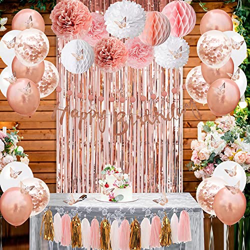 Upgraded Rose Gold Pink Birthday Party Decorations with Happy Birthday Banner,Curtains, Butterfly Wall,Circle Dots Garland,Tissue Pompoms,Paper Tassels Garland for Women Birthday Party Decorations