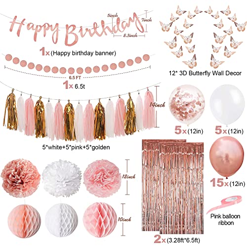 Upgraded Rose Gold Pink Birthday Party Decorations with Happy Birthday Banner,Curtains, Butterfly Wall,Circle Dots Garland,Tissue Pompoms,Paper Tassels Garland for Women Birthday Party Decorations