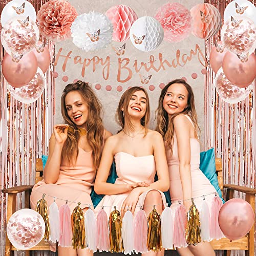 Upgraded Rose Gold Pink Birthday Party Decorations with Happy Birthday Banner,Curtains, Butterfly Wall,Circle Dots Garland,Tissue Pompoms,Paper Tassels Garland for Women Birthday Party Decorations