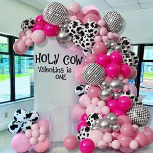 cowgirl pink balloons arch garland kit, hot pink silver cow print farm animal balloons for bachelorette party, 80s 90s disco party birthday baby shower bridal shower wedding supplies (hot pink silver)