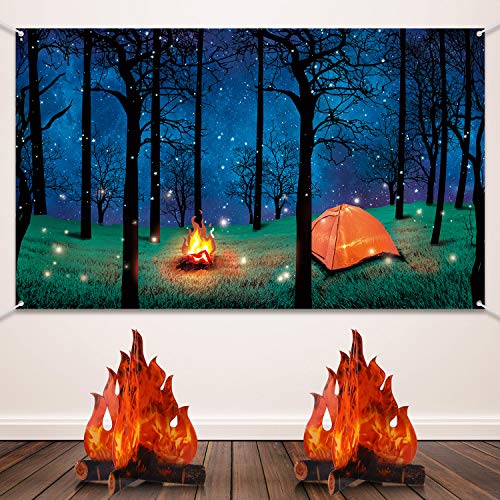 Forest Scene Camping Backdrop Camping Photography Background Camping Photo Backdrop and 2 Sets 3D Decorative Cardboard Campfire Centerpiece Artificial Fire Party Decoration for Camping Theme Party