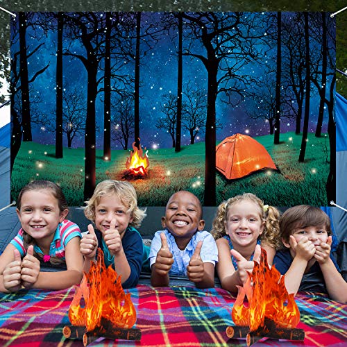 Forest Scene Camping Backdrop Camping Photography Background Camping Photo Backdrop and 2 Sets 3D Decorative Cardboard Campfire Centerpiece Artificial Fire Party Decoration for Camping Theme Party