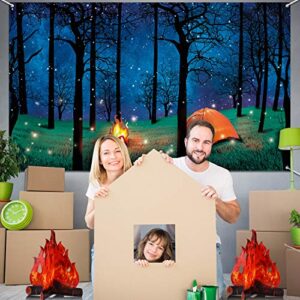 Forest Scene Camping Backdrop Camping Photography Background Camping Photo Backdrop and 2 Sets 3D Decorative Cardboard Campfire Centerpiece Artificial Fire Party Decoration for Camping Theme Party