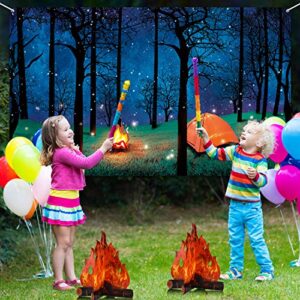 Forest Scene Camping Backdrop Camping Photography Background Camping Photo Backdrop and 2 Sets 3D Decorative Cardboard Campfire Centerpiece Artificial Fire Party Decoration for Camping Theme Party