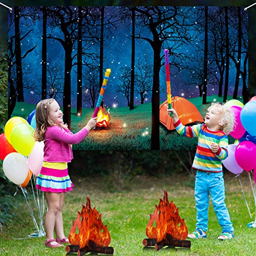 Forest Scene Camping Backdrop Camping Photography Background Camping Photo Backdrop and 2 Sets 3D Decorative Cardboard Campfire Centerpiece Artificial Fire Party Decoration for Camping Theme Party