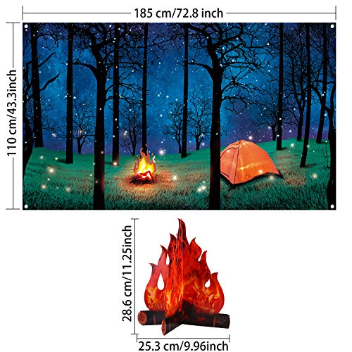 Forest Scene Camping Backdrop Camping Photography Background Camping Photo Backdrop and 2 Sets 3D Decorative Cardboard Campfire Centerpiece Artificial Fire Party Decoration for Camping Theme Party