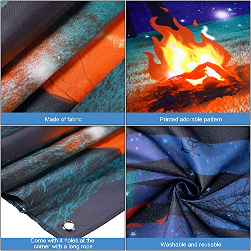 Forest Scene Camping Backdrop Camping Photography Background Camping Photo Backdrop and 2 Sets 3D Decorative Cardboard Campfire Centerpiece Artificial Fire Party Decoration for Camping Theme Party