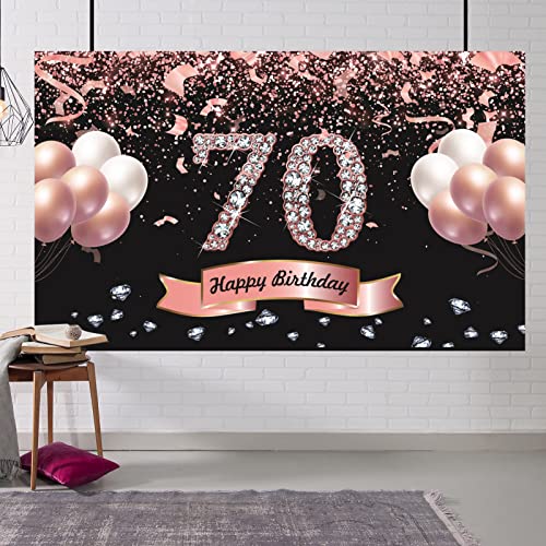 Trgowaul 70th Birthday Decorations for Women - Rose Gold Happy 70th Birthday Banner Backdrop 5.9 X 3.6 Fts Photography Background 70th Birthday Party Suppiles Gifts for Women