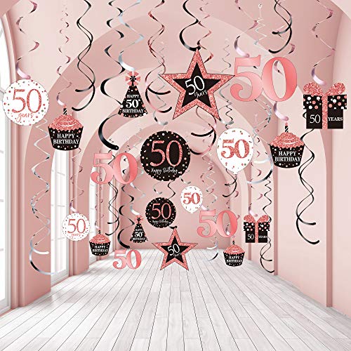 Blulu 50th Birthday Party Decorations, 50th Birthday Party Rose Gold Hanging Swirls Ceiling Decorations Shiny Foil Swirls for 50th Birthday Decorations 50 Years Old Party Supplies 30 Count