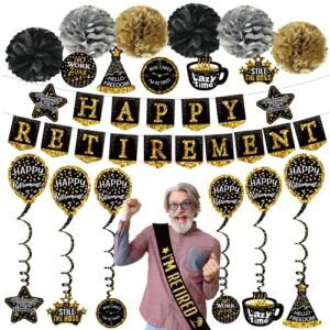 retirement party decorations banner gifts – (22pack) happy retirement gold banner, 6 paper poms, 6 hanging swirl, 7 decorations stickers. retirement sash for men and women (gold banner)