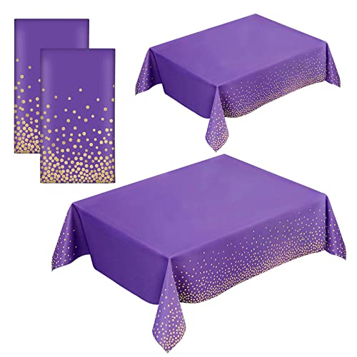 2 Pack Purple Tablecloth Plastic Disposable tablecloths for Rectangle Tables 54" x 108" Purple and Gold Table Cover for Parties