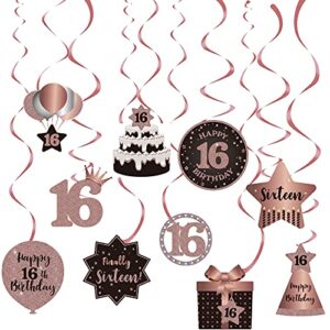 happy 16th birthday hanging swirls streams ceiling decorations, celebration 16 foil hanging swirls with cutouts for 16 years old rose gold birthday party decorations supplies