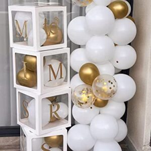 Fonder Mols 4PCS White Transparent Balloon Boxes with Gold Glittered MISS TO MRS Letters for Wedding Party Bridal Shower Engagement Decorations (No Balloons)