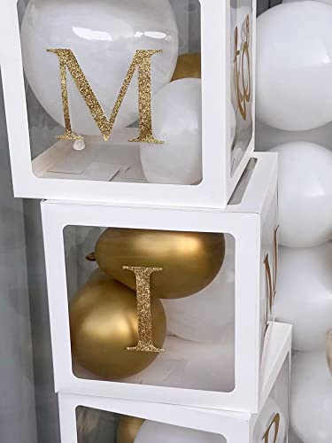 Fonder Mols 4PCS White Transparent Balloon Boxes with Gold Glittered MISS TO MRS Letters for Wedding Party Bridal Shower Engagement Decorations (No Balloons)