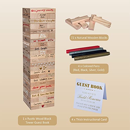 Wedding Guest Book Alternative, 72 PCS Wooden Block Guest Book for Wedding Sign In, Reception, Baby Shower, Guestbook for Wedding, Unique Wedding Book w 4 Paper Signs and 4 Color Signing Pens