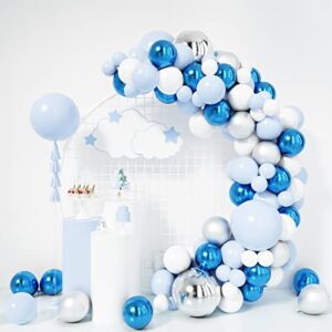 rubfac 147pcs blue balloon garland arch kit metallic pastel blue white latex balloons and 4d silver balloons set for baby shower wedding birthday party background decorations