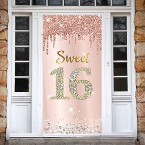 Sweet 16 Birthday Door Banner Backdrop Decorations for Girls, Pink Rose Gold Happy 16th Birthday Party Door Cover Sign Supplies, Sixteen Year Old Birthday Poster Photo Booth Props Decor