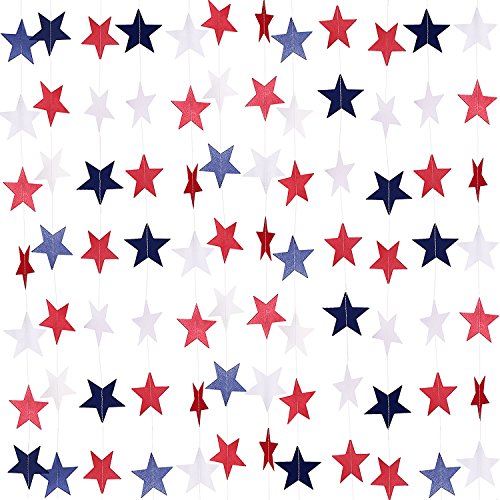 TecUnite 8 Strands Patriotic Star Streamers Banner Garland for 4th of July BBQ, Memorial Day, Veterans Day Party, Independence Day Celebration, Labor Day， Holiday Decorations, Red White Blue