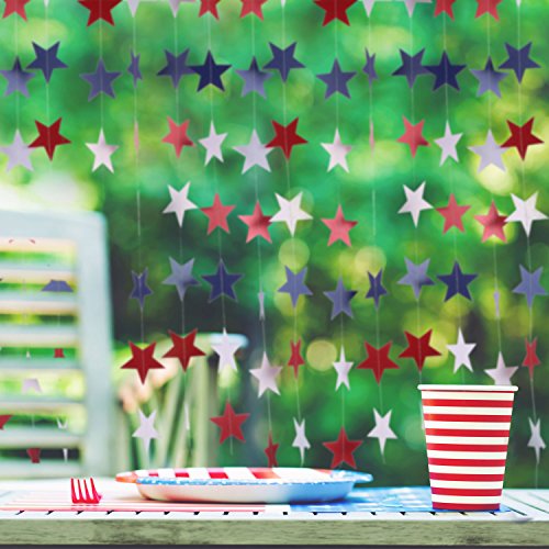 TecUnite 8 Strands Patriotic Star Streamers Banner Garland for 4th of July BBQ, Memorial Day, Veterans Day Party, Independence Day Celebration, Labor Day， Holiday Decorations, Red White Blue