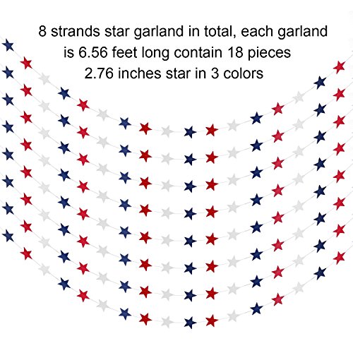 TecUnite 8 Strands Patriotic Star Streamers Banner Garland for 4th of July BBQ, Memorial Day, Veterans Day Party, Independence Day Celebration, Labor Day， Holiday Decorations, Red White Blue