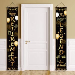 retirement porch sign door hanging banner, happy retirement banner the legend has retired fabric door sign background for retirement party decoration supplies, 71 x 12 inches(black and gold)