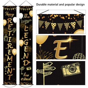 Retirement Porch Sign Door Hanging Banner, Happy Retirement Banner The Legend Has Retired Fabric Door Sign Background for Retirement Party Decoration Supplies, 71 x 12 Inches(Black and Gold)