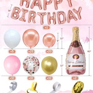 Rose Gold Champagne Bottle Balloon Garland Arch Kit, Rose Gold Happy Birthday Banner Balloons for Birthday Party Decorations, 18th 21st 30th 40th 50th 60th Birthday Decorations for Women Her Girls