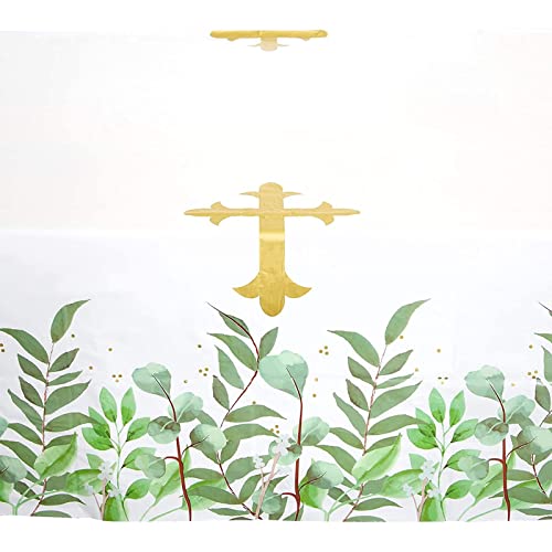 Sparkle and Bash 3 Pack Religious Table Cover for Baptism, First Communion, Catholic Gold Cross Plastic Tablecloth (54 x 108 in)