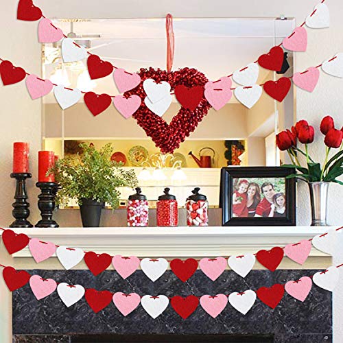 Felt Heart Garland Banner, Pre-Strung | Valentines Decorations | Red Pink White Valentines Banner | Anniversary Wedding Birthday Party Decorations | Outdoor Home Hanging Valentines Decor