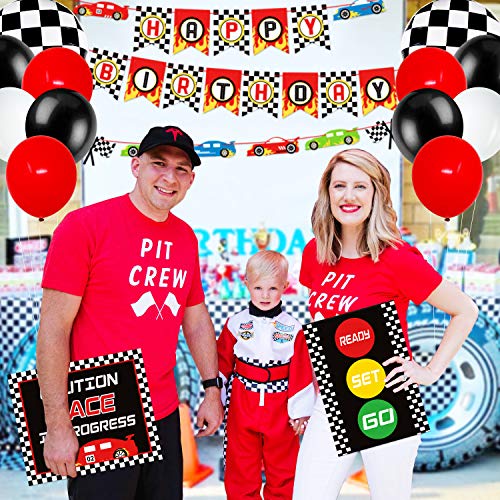 Race Car Birthday Party Decoration Set Race Car Party Signs Racing Birthday Banner Checkered Flags Balloons for Boys Let's go Racing Party Supplies