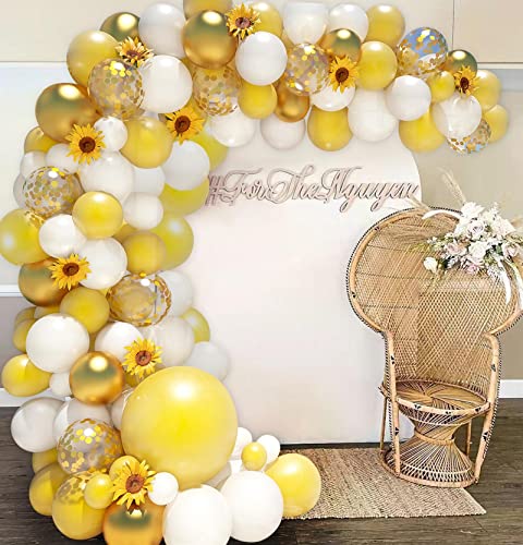 18Inch Sunflower Yellow Gold White Balloons Balloon Garland Arch Kit, Sunflower Bee Theme Birthday Baby Shower Wedding Party Decorations for Girl Boy