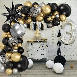 Amandir 148PCS Black and Gold Balloons Garland Arch Kit, 18''12''5'' Silver Metallic Gold Black Confetti Starburst Balloons for Men Birthday 2023 Graduation Decorations Black and Gold Party Supplies