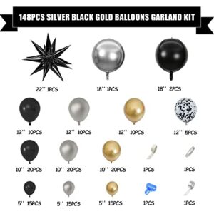 Amandir 148PCS Black and Gold Balloons Garland Arch Kit, 18''12''5'' Silver Metallic Gold Black Confetti Starburst Balloons for Men Birthday 2023 Graduation Decorations Black and Gold Party Supplies