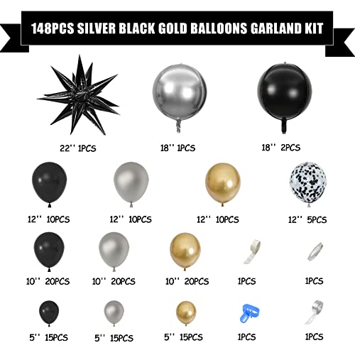 Amandir 148PCS Black and Gold Balloons Garland Arch Kit, 18''12''5'' Silver Metallic Gold Black Confetti Starburst Balloons for Men Birthday 2023 Graduation Decorations Black and Gold Party Supplies